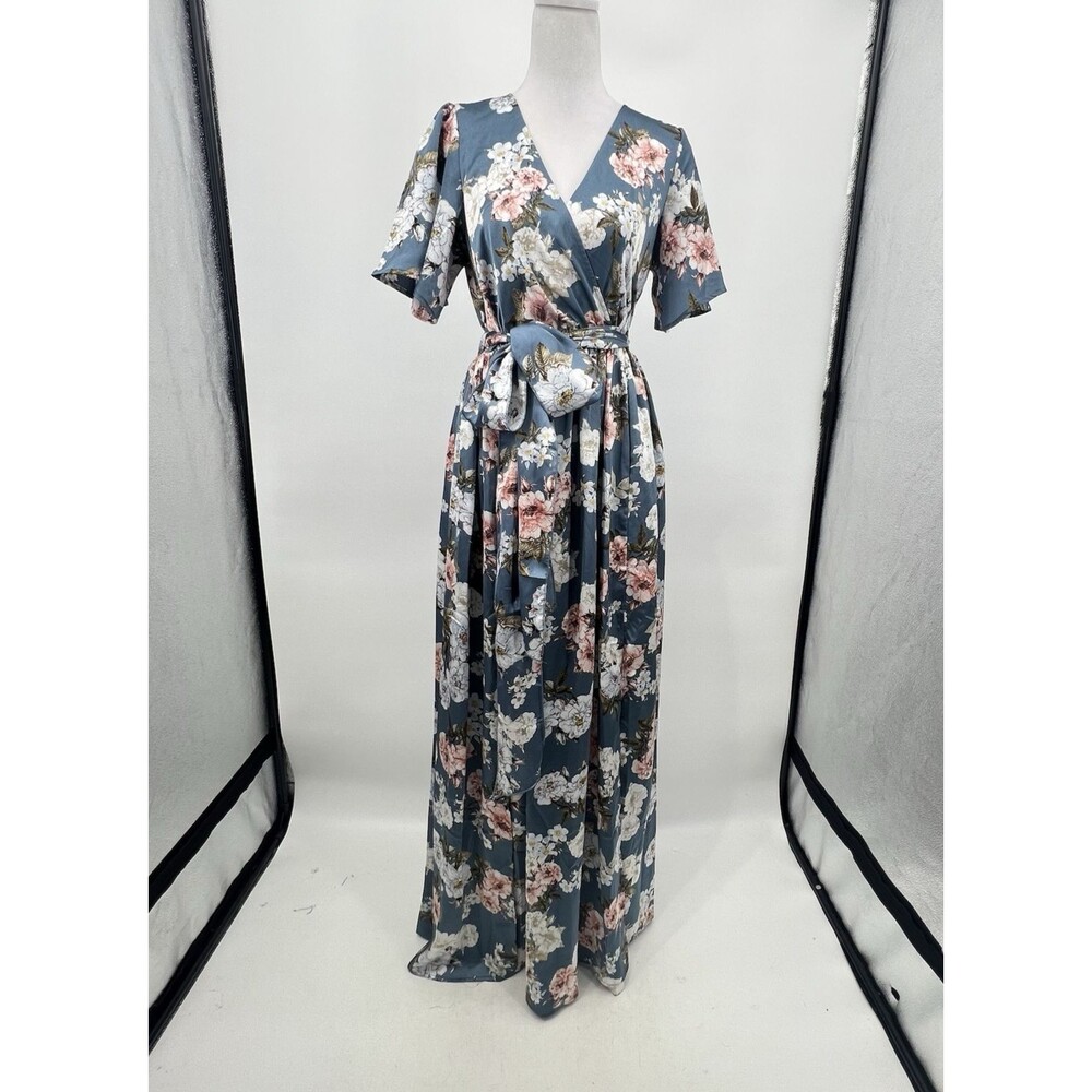 Baltic Born Womens Satin Floral Maxi Dress Sicily Blue Sz M Floral Romantic Slit